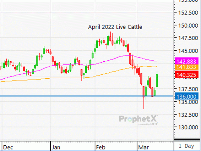 Having found support at $136, the live cattle contracts are rallying into the week amid weaker grain prices. (DTN ProphetX graphic)