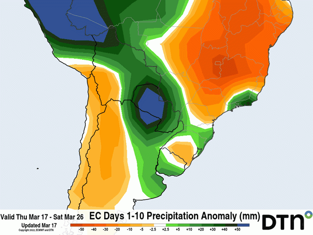 Total rainfall through March 26 is forecast to be below normal for most of Brazil's growing regions according to the European Centre for Medium Range Weather Forecast (ECMWF) model. Precipitation will be closer to, or even above, normal in northern Argentina and southern Brazil. (DTN graphic)