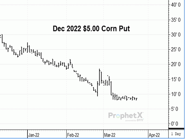 As corn prices have gone higher, the price of new-crop corn put options have gone lower, including the December $5.00 put shown in this chart and priced at 8 1/2 cents on Thursday&#039;s close, March 24. There is plenty of risk ahead in both directions for corn prices in 2022. (DTN ProphetX chart by Todd Hultman) 