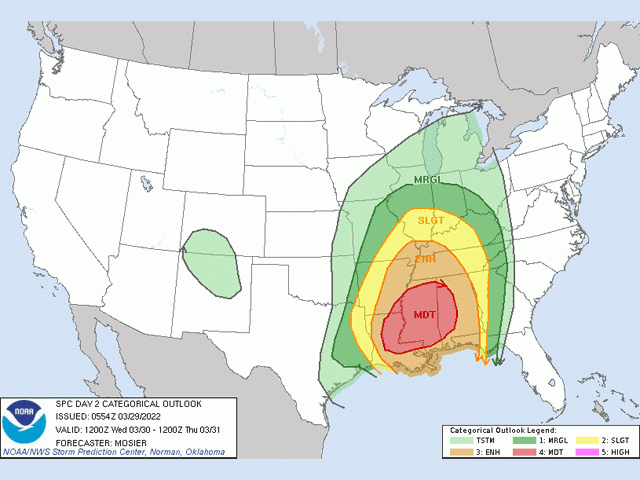 A line of strong to severe thunderstorms is forecast to develop March 29 and continue eastward through a good portion of the country through March 31. The strongest period will be during the afternoon and evening of March 30, where the Storm Prediction Center indicates a rare "moderate risk" of severe weather near the Gulf Coast. (NOAA graphic)