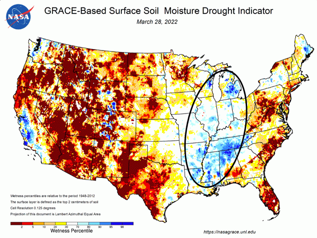 Soil moisture analysis from the NASA Gravity Recovery and Climate Experiment (GRACE) satellite program shows areas of wet fields in the Eastern Midwest and widespread wet conditions in the Delta going into early April. (NASA graphic)