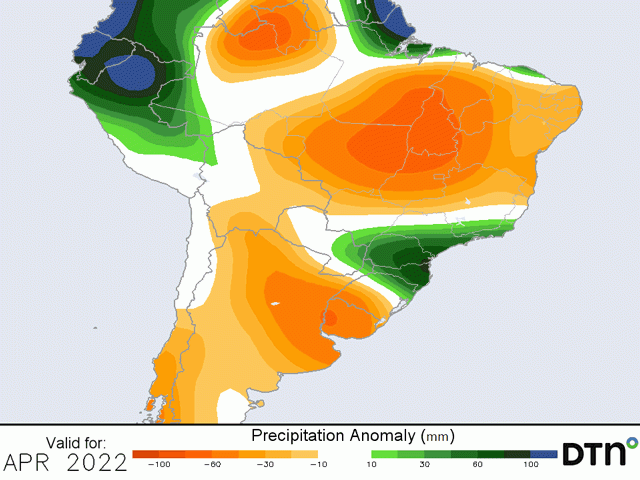 Precipitation in April is forecast to be below normal for a large portion of central Brazil. (DTN graphic)