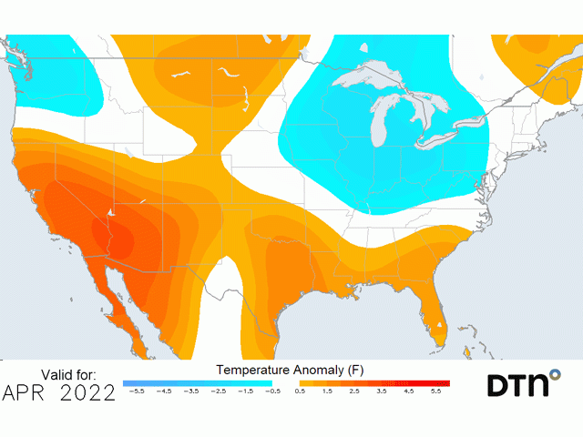 The forecast for April includes risks for frost not only in the blue, below-normal temperature areas, but others as well. (DTN graphic)