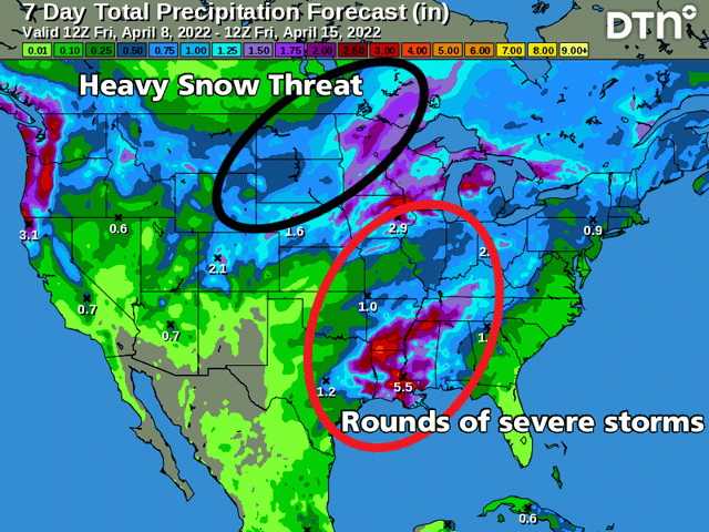 The week ahead showcases a storm track from the Southwest to the Northeast and several disturbances along that track. Severe weather across the south and heavy snow in the Northern Plains will be significant weather hazards during the week. (DTN graphic)