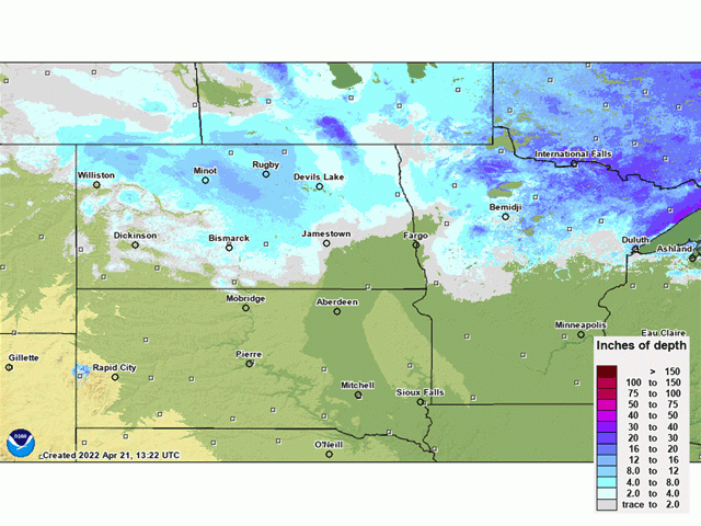 Snow depth of more than a foot covered much of North Dakota and northern Minnesota in mid-April following a spring blizzard. (NOAA graphic)