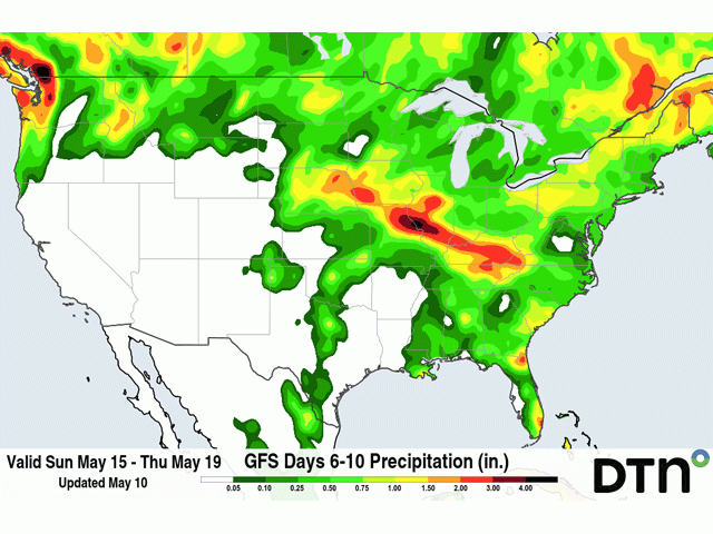 While planting progress is likely to advance significantly across a good portion of the Corn Belt this week, the precipitation forecast by the Global Forecast System (GFS) for next week looks like it could slow down progress as some Corn Belt areas may have multiple chances at precipitation. (DTN graphic)