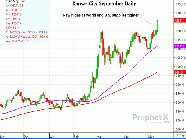 This is a daily chart of September Kansas City wheat, which, along with Chicago and Minneapolis wheat, soared to touch the daily limit. (DTN ProphetX chart)