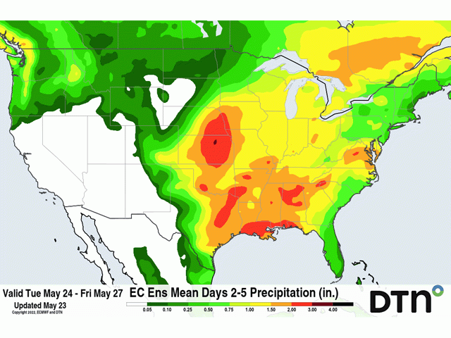 The precipitation forecast from May 24 to May 27 is calling for mostly dry conditions in the Northern Plains. That period may allow for some rapid planting progress in an area that is well behind this spring. (DTN graphic)