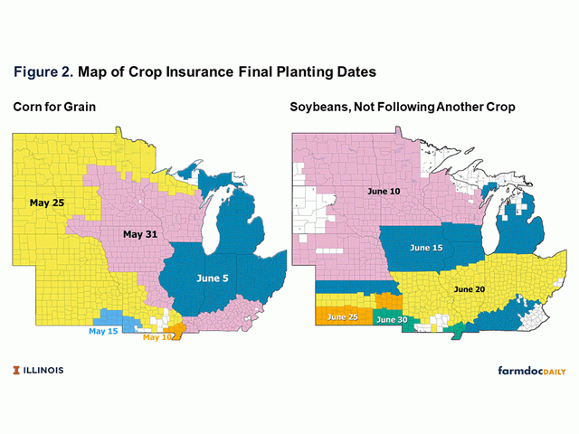 Maps of crop insurance planting dates for corn and soybeans posted earlier this month by the University of Illinois farmdocdaily website. Senators in northern states are asking USDA to consider providing some backup protection to crop insurance for farmers who go past their final planting dates. (Image courtesy of University of Illinois farmdocdaily website)