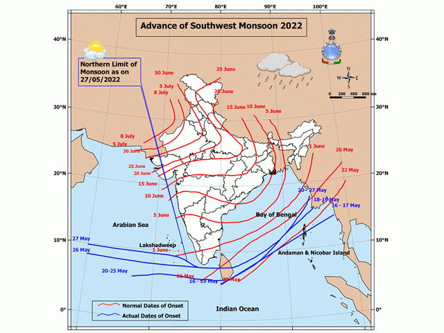 Early indications from the India Meteorological Department are that monsoon rain progress will be about average in 2022. (Map courtesy India Meteorological Department)
