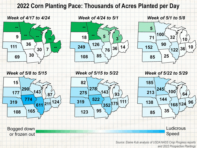 When conditions were fit for planting, America&#039;s farmers were able to make up for lost time during spring 2022, but some are still waiting for their window of opportunity. (DTN graphic by Elaine Kub)