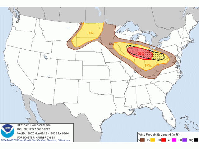 As of 8 a.m. CDT, the Storm Prediction Center is labelling an area from southern Wisconsin and northern Illinois through Ohio as having a significant risk for wind damage on June 13, indicated by the dashed black area. (NOAA image)