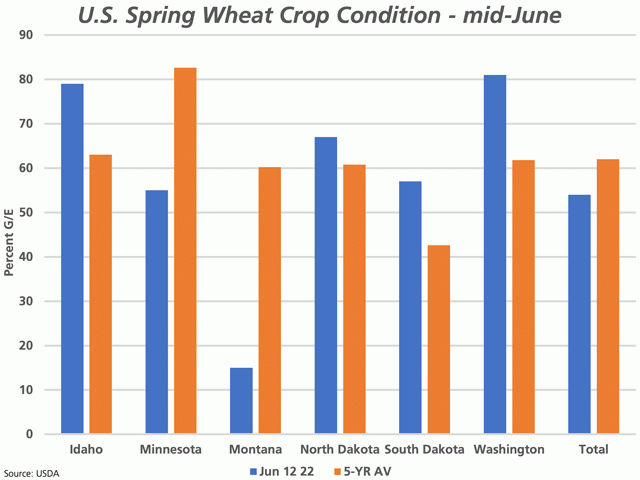 The blue bars represent the good-to-excellent crop condition rating for U.S. spring wheat as of June 12, while the brown bars represent the five-year average for the same week. (DTN graphic by Cliff Jamieson)