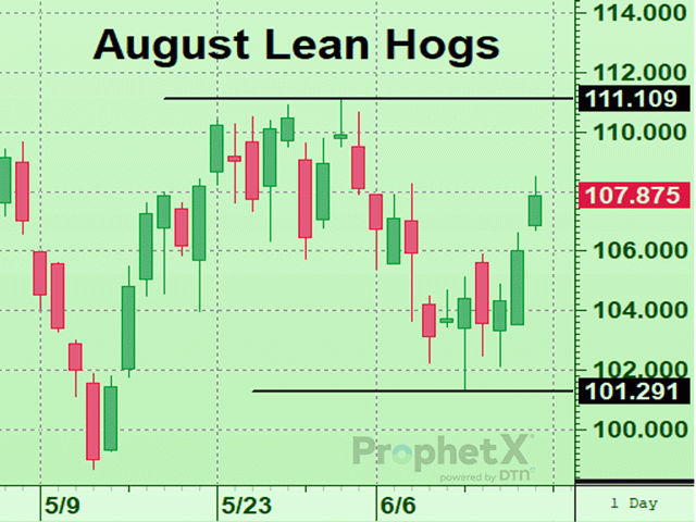 Lean hogs are caught in a trading range which could produce aimless, whipsaw risk moving forward. (DTN ProphetX chart by Tregg Cronin)