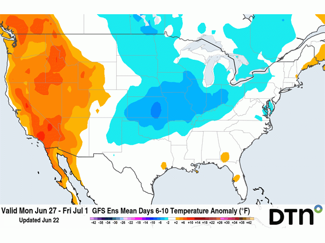 The forecast from the Global Forecast System (GFS) suggests it will be much warmer in the west, while it will be colder in the east next week. (DTN graphic)