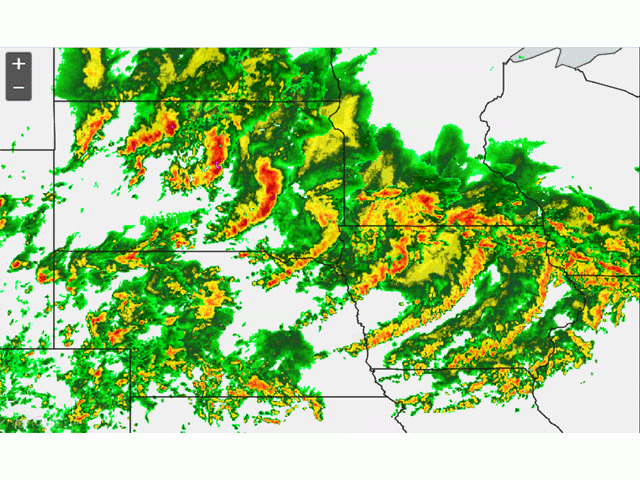 Time snapshots of a storm classified as a derecho on July 5 stretching from 10 a.m. until midnight mainly across South Dakota and Iowa. (DTN graphic) 