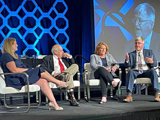 Brooke Appleton (left), vice president of public policy for the National Corn Growers Association, moderates a discussion with former Agriculture Secretary Dan Glickman; former Sen. Heidi Heitkamp, D-N.D.; and former USDA Farm Service Agency Administrator Richard Fordyce. (Photo by DTN Political Correspondent Jerry Hagstrom)