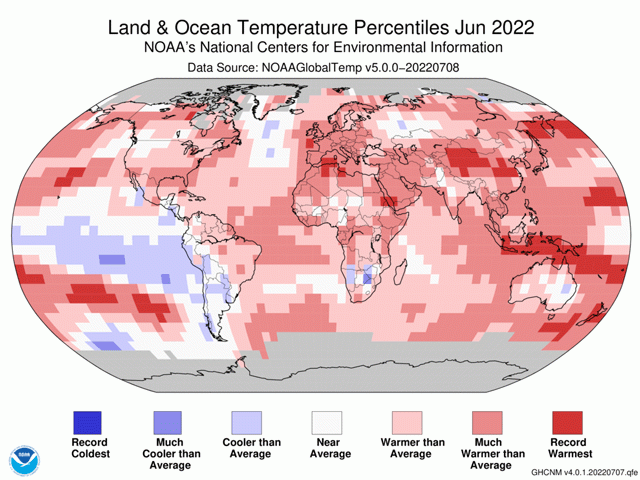Global land and sea temperature percentiles for June 2022 show warmth was notable in the Northern Hemisphere, while South America had its coolest June since 2016. (NOAA graphic) 