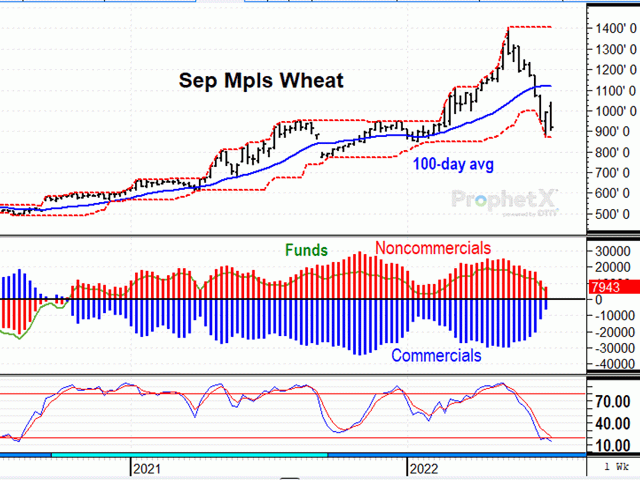 After nearly two months of persistent selling, September Minneapolis wheat prices are trading near their lowest levels in five months -- not what one would expect for a crop that is expected to end 2022-23 with the lowest surplus in 15 years. (DTN ProphetX chart by Todd Hultman)