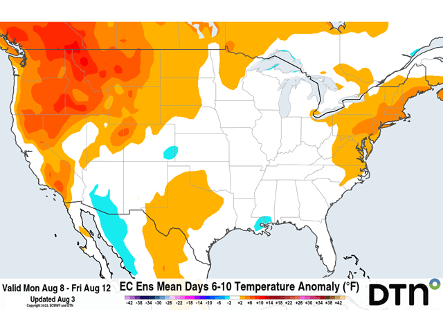 Models show the potential for cooler conditions moving into the eastern half of the country for a few days this weekend into next week. This image from the European Centre for Medium-Range Weather Forecasting (ECMWF) model shows more seasonable temperatures for the midsection of the country for several days. (DTN graphic)