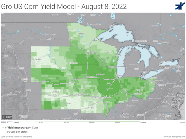 Darker shades of green represent higher corn yield averages. This year&#039;s map highlights how a messy spring planting season and sporadic rainfall can create highly variable yield outcomes. (Chart courtesy of Gro Intelligence)