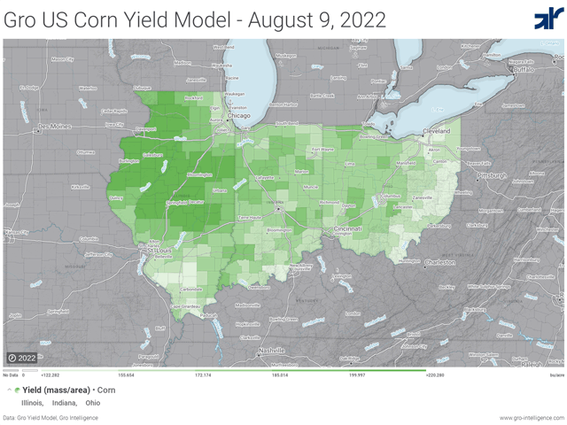 Darker shades of green represent higher corn yield potential. Currently, Illinois shows the strongest yield potential, while variable conditions hold Indiana and Ohio back from their full potential. (Chart courtesy of Gro Intelligence)