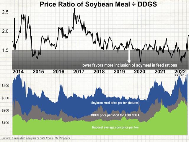 From March to June 2022, soybean meal in the U.S. was priced less than 1.5 times the value of DDGS, but recent developments have pulled the two feed ingredients back into a more typical relationship. (Graphic by Elaine Kub)