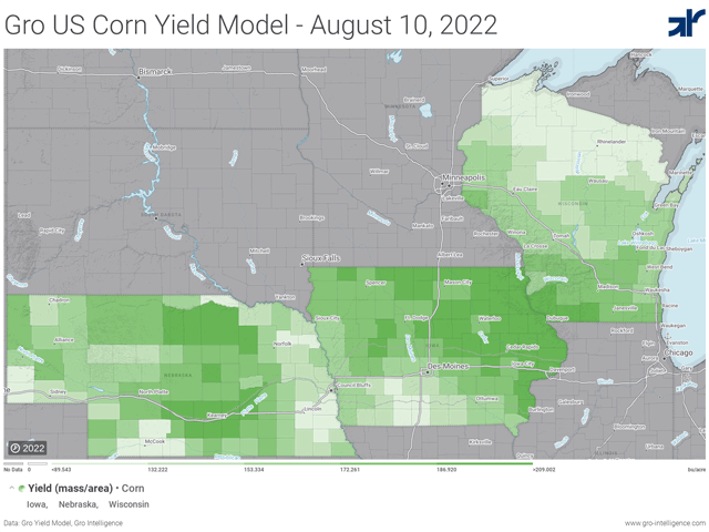 Darker shades of green represent higher corn yield potential. Irrigated regions of Nebraska, northeast Iowa and southern Wisconsin may be the best in their states, but overall yields came in less than their five-year averages. (Chart courtesy of Gro Intelligence)