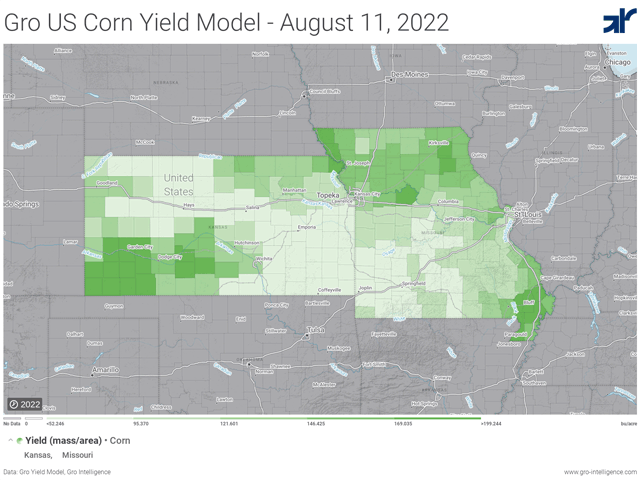 Darker shades of green represent higher corn yield potential. Kansas&#039; corn yield map highlights the importance of irrigation. While Missouri&#039;s yields are better, they&#039;re still trending below the five-year average. (Graphic courtesy of Gro Intelligence)