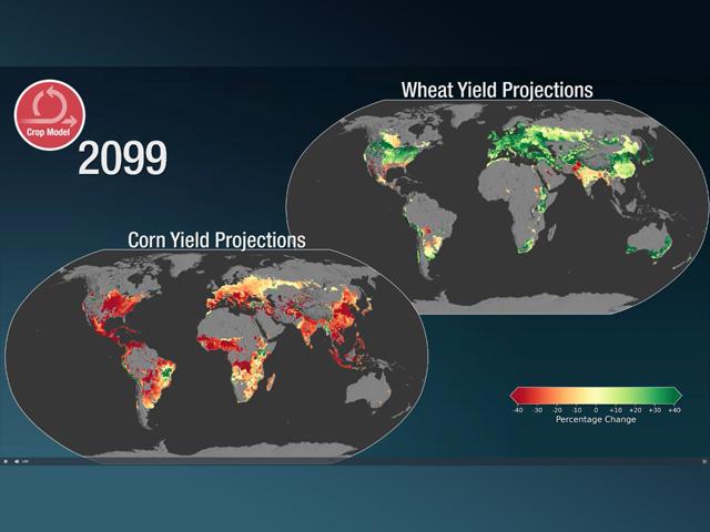 NASA officials are working to hone satellite technology to better help farmers make cropping decisions, including a crop model that could allow producers to consider several scenarios that could determine yield. (Screen capture from NASA presentation)