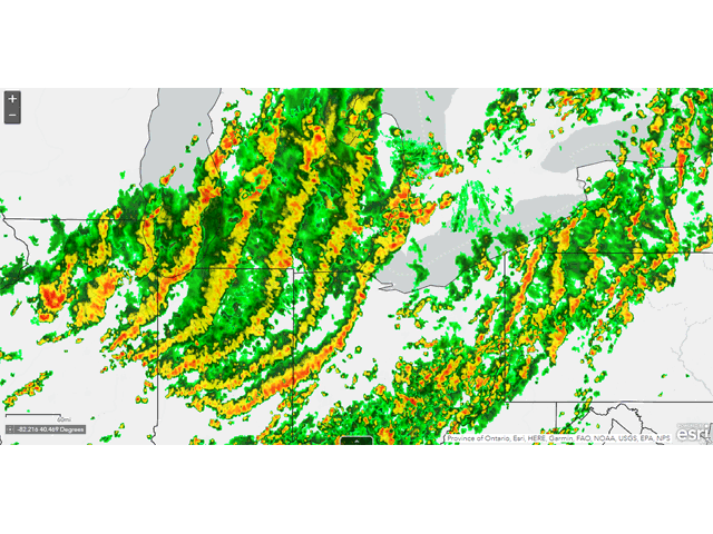 Severe storms moved through the eastern Midwest in a couple of lines. The radar images are from 12 p.m. to 6 p.m. CDT Aug. 29. Many severe wind damage reports were received throughout the area. (DTN Graphic)