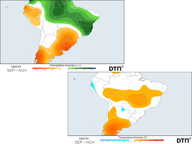 A general hot and dry spring is forecast for the start of South America's growing season, but there are some differences in models and the DTN forecast. (DTN graphics)