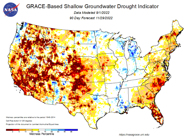 Soil moisture forecasts for fall 2022 using satellite analysis indicate little to no improvement in the central and western U.S. (NASA graphic)