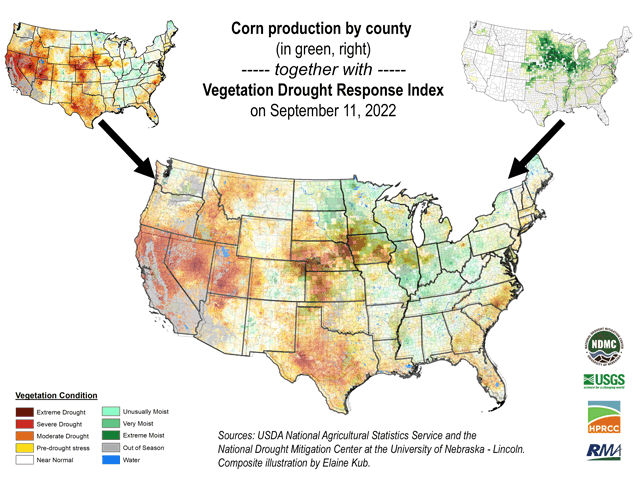Much of the drought in the United States is in regions without much grain production, but there are some notable overlaps. (Graphic compilation by Elaine Kub)
