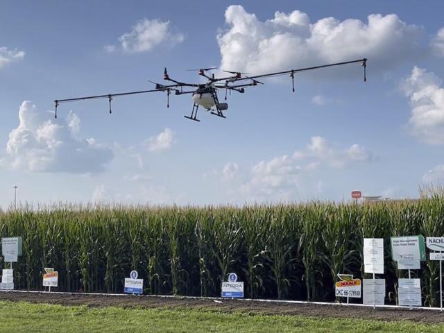 Precision Planting used a Rantizo drone in 2021 to apply fungicides to battle tar spot with good results at the company&#039;s Precision Technology Institute research farm in Pontiac, Illinois. (Photo courtesy of Precision Planting)
