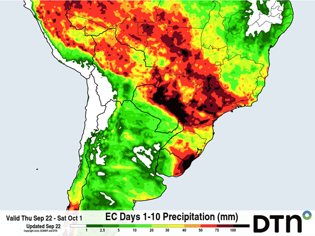 Rainfall amounts during the next 10 days from the European Centre for Medium-Range Weather Forecasting suggests widespread moderate to heavy rainfall for much of Brazil's growing areas. (DTN graphic)