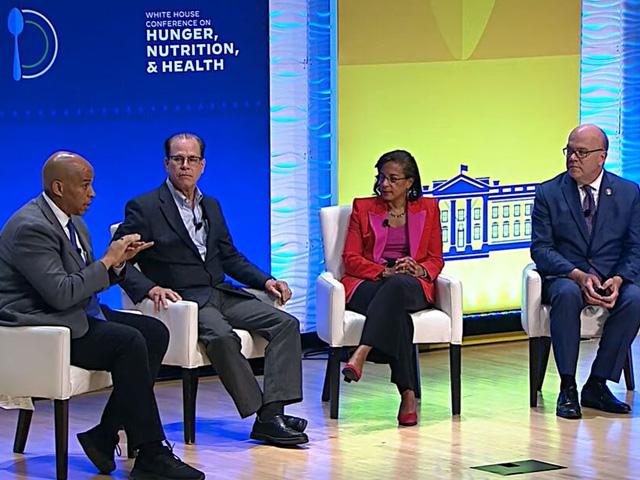A congressional panel at the White House Conference on Hunger, Nutrition and Health talks about some of the needs in research and revitalizing the Food and Drug Administration. From left: Sen. Cory Booker, D-N.J.; Sen. Mike Braun, R-Ind.; White House Domestic Policy Council Director Susan Rice (moderator); Rep. Jim McGovern, D-Mass. (From White House YouTube video)