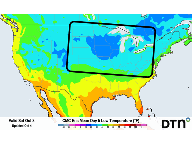 A shot of cold air coming from northern Canada will bring widespread frosts and freezes to the Corn Belt for a couple of mornings Thursday through Sunday depending on the area. The most widespread coverage is expected on Saturday, Oct. 8, shown here. That may result in a killing frost for any corn yet to reach black layer or soybeans still with leaves. (DTN graphic)