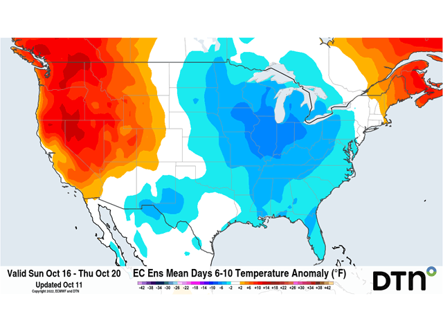 Another couple rounds of cold air moving through the eastern half of the country over the next 10 days will be most exemplified by the Oct. 16-20 timeframe. (DTN graphic)