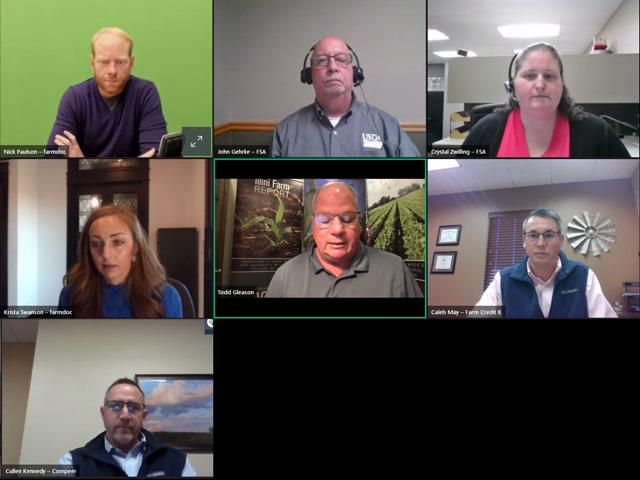 Five panelists and two hosts discuss issues that young farmers face and the opportunities that some financial providers offer as a solution. (Screenshot from Farmdoc webinar)