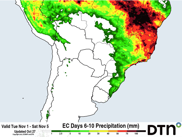 A longer period of dryness will develop across Argentina and most of Brazil behind a strong cold front. (DTN graphic)