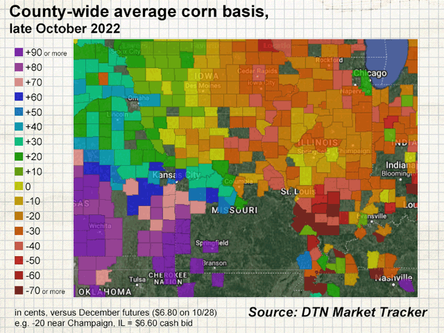 The most chaotic basis scenario this fall is noted along the Mississippi River in southern Illinois, where barge shipments have been drastically slowed by low water levels. Yet, just 350 miles away, corn basis is hot in the west where drought has made grain scarce. (Graphic by Elaine Kub)