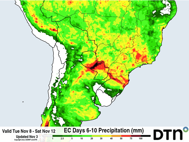 Showers look to move back into South America starting in the middle of next week. They may be isolated, but will return with decent coverage over several days. (DTN graphic)