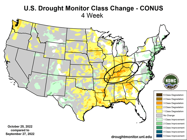 Drought deepened by a full three categories in the Ohio River valley during the month of October alone. (National Drought Mitigation Center graphic)