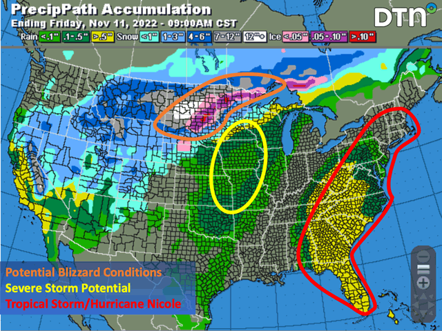 A winter storm and blizzard across the Northern Plains, severe storms in the Heartland, and Tropical Storm Nicole are just some of the highlights of the weather situation over the next few days. (DTN graphic)
