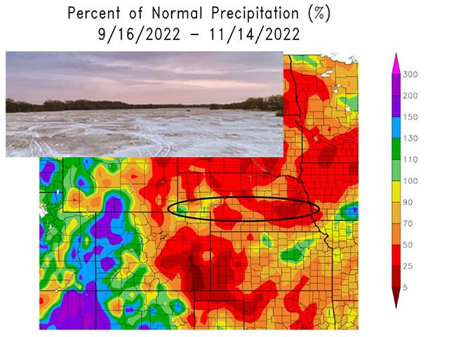 Precipitation since mid-September in the Platte River valley across Nebraska is mostly less than 25% of normal. The empty riverbed near Columbus, Nebraska, shows the impact of this continued drought. (High Plains Climate Center graphic; photo by Libby Finochiaro) 