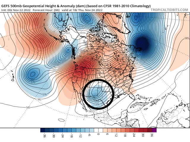 An upper-level low is forecast to become cut off over the Southern Plains on Thanksgiving according to the American Global Ensemble Forecast System models. This is a new development and will result in a vastly different forecast for most of the country this holiday weekend. (Tropical Tidbits graphic)