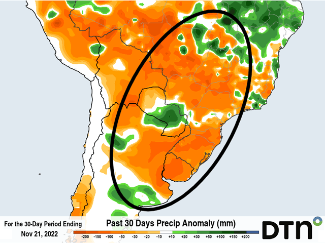 Rainfall has been well-below normal for most of South America's primary growing regions during the last 30 days, despite recent rainfall. (DTN graphic)