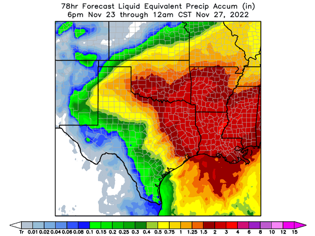DTN&#039;s rainfall forecast valid from 6 p.m. Wednesday through 12 a.m. Sunday across the South-Central U.S. The areas across eastern Texas and southern Oklahoma show 2-3 inches of rain. (DTN graphic)