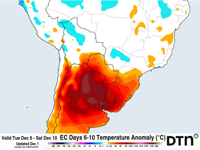 Some areas of Argentina will go up to 11 degrees Celsius (20 degrees Fahrenheit) above normal next week, with temperature rising into the 40s Celsius (mid-100s Fahrenheit). (DTN graphic)